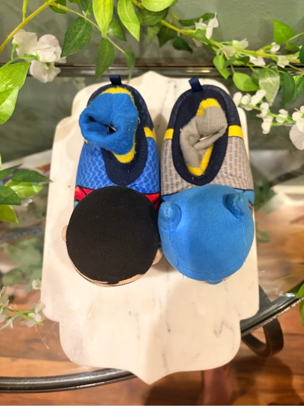 Kids Plush Character Slip-On Slippers in Blue and Gray